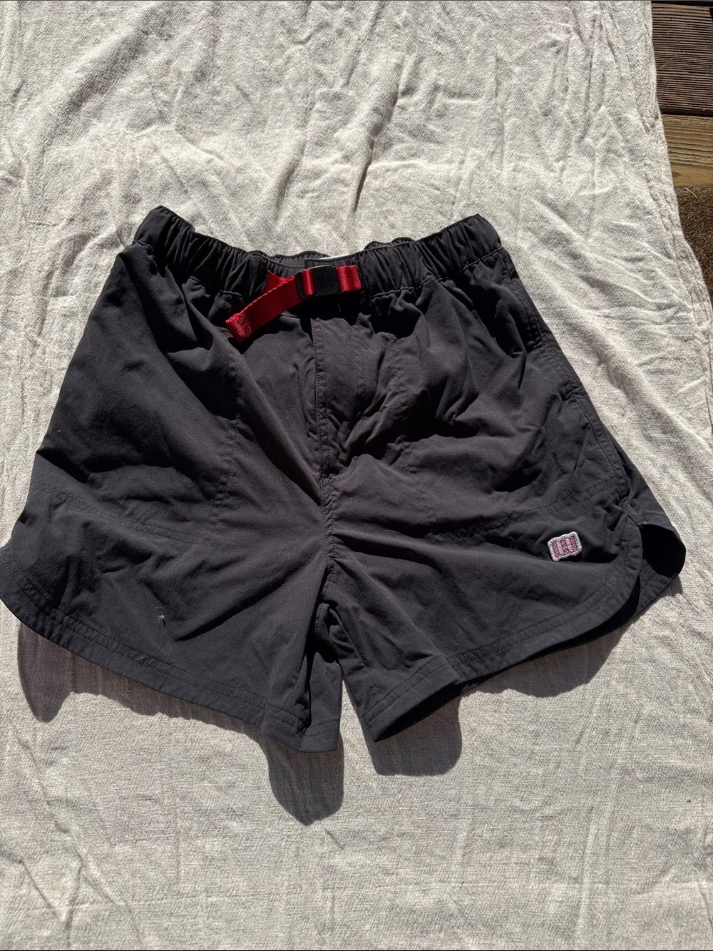 Topo Designs Black Athletic Shorts with Red Webbing Belt